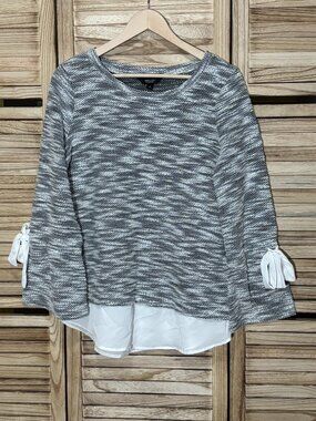 Simply Vera Wang Bell Sleeve Mixed Media Top Heather Grey Size M Ribbon Cuff